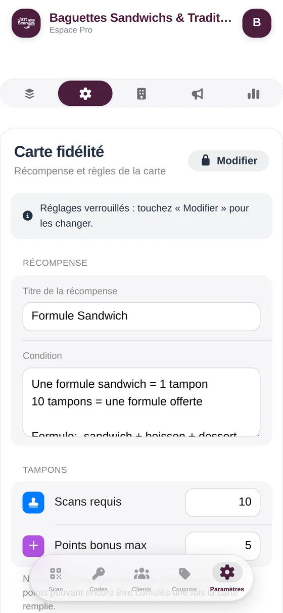 Réglages de la carte de fidélité : récompense et tampons