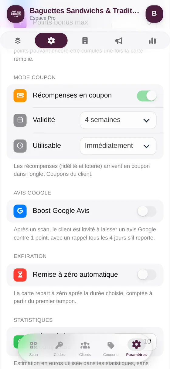 Réglages du mode coupon et du boost avis Google